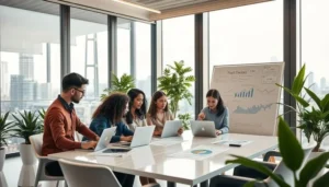 Group of diverse business professionals collaborating at a modern office table with laptops and a whiteboard showing charts