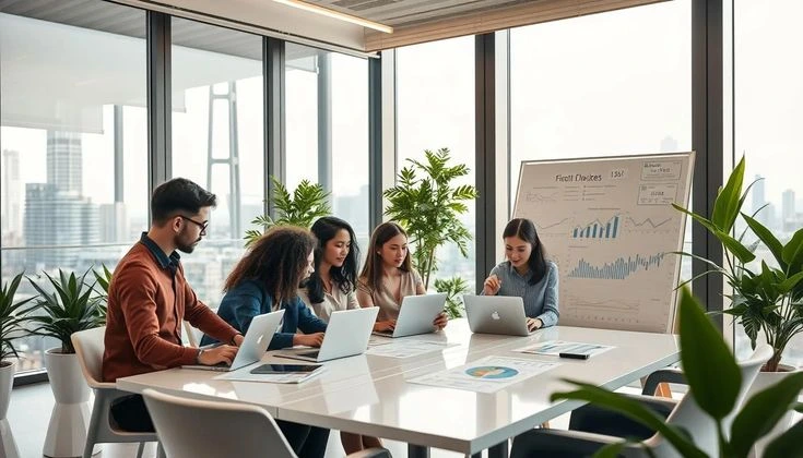 Group of diverse business professionals collaborating at a modern office table with laptops and a whiteboard showing charts